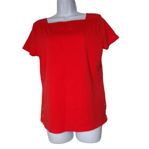 Lauren Ralph Lauren XL Tee Shirt Top Coral Bright Red Square Neck Gold Buttons